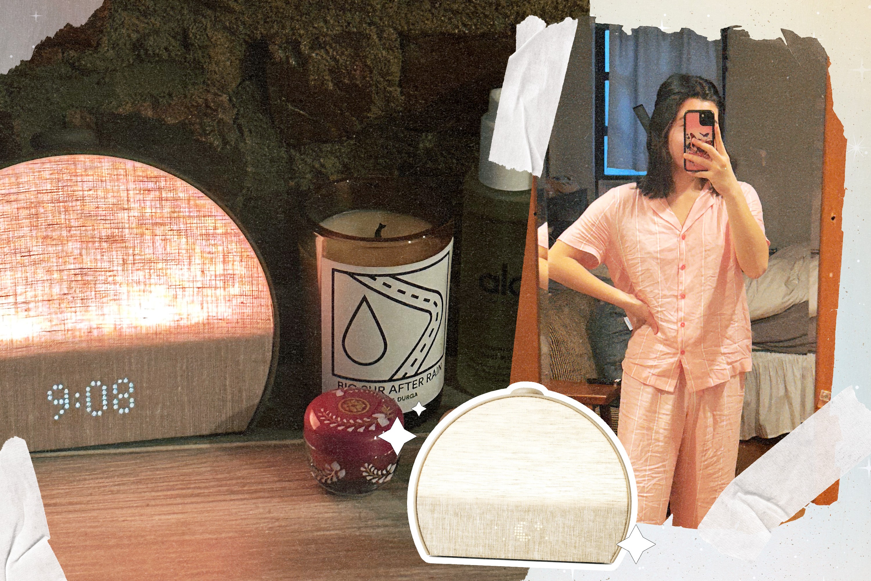 A collage of a woman in pajamas and a hatch alarm clock